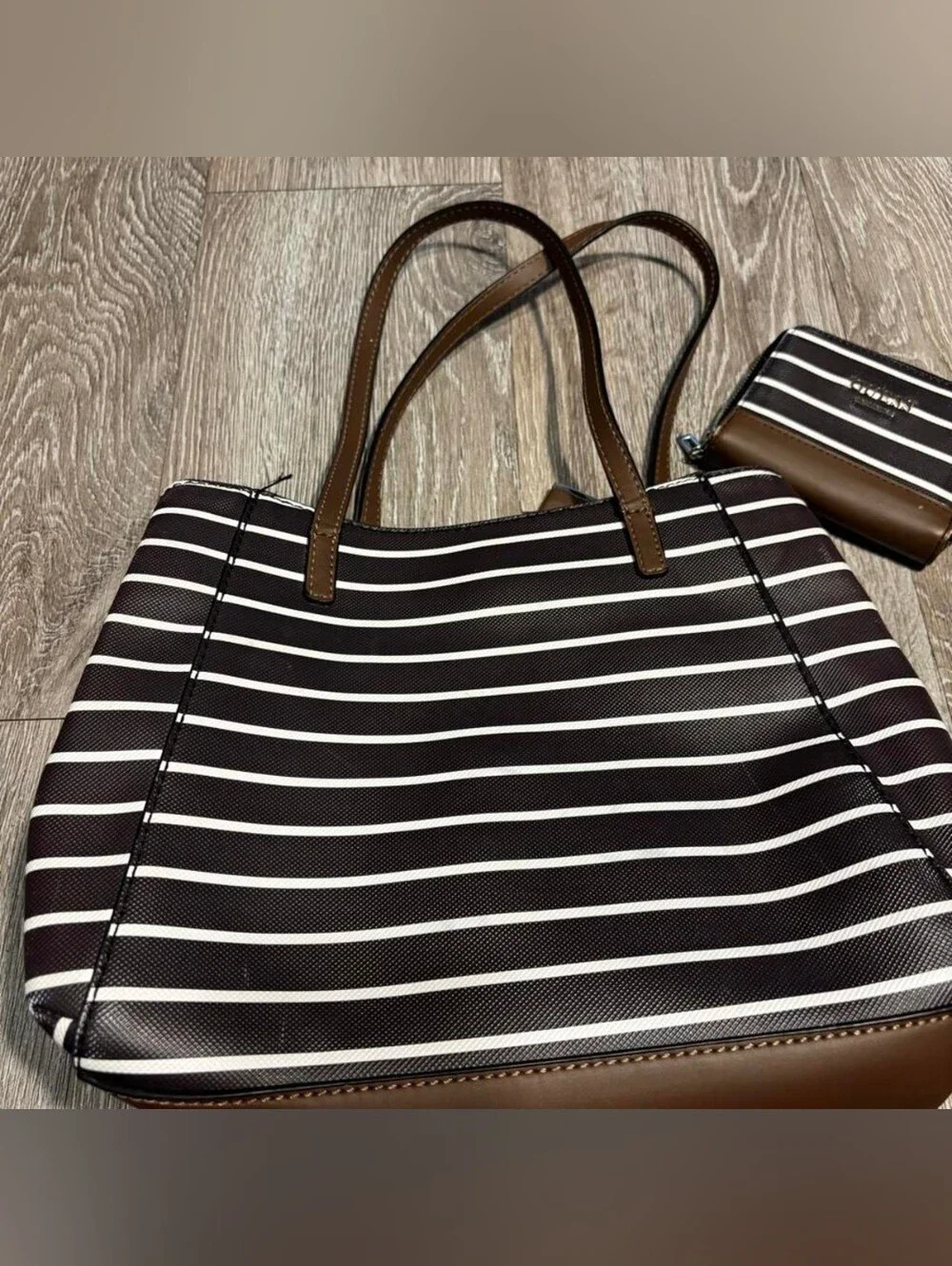 GUESS Brown & White Striped Leather-Trim Tote With Wallet
